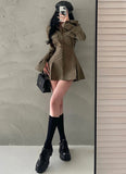 Fashionkova party look inspos Chelly Solid Color Slim Long Sleeves Shirt Pleated Button Up Waist Short Mini Dress