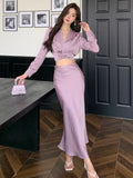 Fashionkova  party look inspos Autumn Korean Solid 2 Pieces Set Women Elegant V-Neck Long Sleeve Pleated Shirt Tops and High Waist A-Line Mermaid Skirt Suits