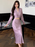 Fashionkova  party look inspos Autumn Korean Solid 2 Pieces Set Women Elegant V-Neck Long Sleeve Pleated Shirt Tops and High Waist A-Line Mermaid Skirt Suits