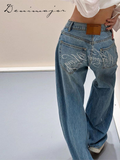 Fashionkova Street Letter Hot Drilling Denim Pants Women Loose Zipper Pocket Wide Leg Jean Female 2025 Spring Female Casual Straight Trouser