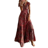 Fashionkova Valentine's Day Aesthetic Vintage Bohemian Print Pleated Skinny Waist Dresses Women Summer Wrap Sleeve Dress Female Comfortable Casual Large Hem Long Gown