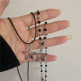 Fashionkova New Kpop Fashion Sweet Cool Tibetan Hollow Double Star Pendant Necklace Choker Charm Black Cord Handmade Punk Grunge Y2K Jewelry