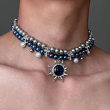 Fashionkova 2025 New Necklace Blue Beaded Pearl Cross Double-Deck Sun Pendant Unisex Punk Cool Couple Choker for Women Men Jewelry