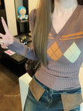 Fashionkova  Vintage V Neck Sweater Women Coquette Diamond Patterned Knitted Pullover Sweet Christmas Sueter Mujer Long Sleeve Tops ootd