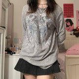 Fashionkova party look inspos 2000s Aesthetic Retro T Shirt E Girl Gothic Skulls Cross Graphic Grunge Long Sleeve Tops Y2K Vintage Mall Goth Fairycore Clothes