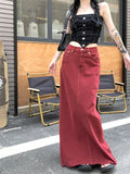 Fashionkova  Party Outfit  Women's Red Split Back Denim Skirt Summer Chic Design Street Style Solid Color Female Straight Floor Length Long Skirts