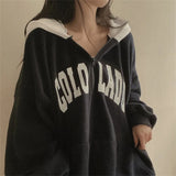 Fashionkova Vintage Solid Color Letter Print Half Zip Up Hoodie
