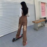 Fashionkova  Party Outfit  Spring New Jumpsuits Women Embroidered High Waist Straight Leg Full Length Denim Strap Pants Korean Style Casual Overalls Female