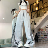 Fashionkova party outfit  Black Striped Sweatpants Women Preppy Style High Waist Loose Casual Trousers Korean Chic Gray Lace Up Streetwear Wide Leg Pants