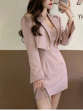 Fashionkova  party look inspos Autumn Pink New Two Piece Dress Set Women Blazer Coat+Strap Dress Set Female Casual Korean Fashion Slim Elegant Dress Suit 2024