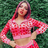 Fashionkova party look inspos Women Pink Heart Print Velvet Crop Hoodies Zip Up Y2K Long Sleeve Cropped Sweatshirts Coat 90s E Girl Jacket Tracksuit