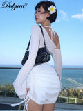 Fashionkova Solid Skew Collar Ruched Straps Lace-Up See Through Draw String Mini Dress 2023 Summer  Women Party Clubwear Wholesale