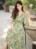 Fashionkova Women's Vintage Floral Print V-Neck Dress Female One-Piece Clothes French Lady A-Line Elegant Chic Maxi Dresses New 2023 Outfit Ideas