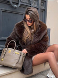 Fashionkova Party Outfit Luxurious Women's Faux Fur Coats With Belt Mid-length Lapel Full Sleeve Solid Plush Jacket 2024 Winter Lady Thick Loose Overcoat