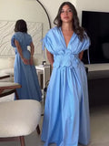 Fashionkova Women Summer Elegant Pleated Bow V Neck Blue Long Dresses 2024 New Sleeveless Wrapped Waist Maxi Dress Lady Vacation Party Robe ootd