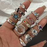 Fashionkova Kpop Y2K Punk Vintage Crystal Heart Star Ring Irregular Geometry Rings Set For Women Girl Fashion Korea Goth Jewelry Accessories