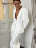 Fashionkova Party Outfit Women White 2 Pieces Set Deep V-neck Single Breasted Blazer Coat High Waist Pants Female Chic 2024 Autumn Office Lady Outfits