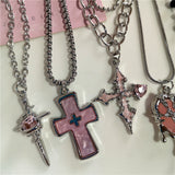 Fashionkova Gothic Pink Cross Heart Pendant Choker Necklace For Women Egirl Hip Hop Rope Chain Punk Y2K Charms Aesthetic Jewelry Accessories
