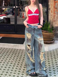 Fashionkova New American Retro Women Jeans Loose Slim High Waist Straight Pants Female Chicly Holes Fashion Street Casual Woman Jeans Casual Outfit