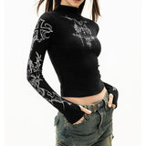 Fashionkova party look inspos Grunge Women T-Shirt Y2k Aesthetics Half high neck Tees Graphical Print  Long Sleeve Sheer Tops Punk Alternative Crop Tops EMO