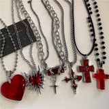 Fashionkova Gothic Red Heart Thorns Cross Chains Necklace For Women Men Hip-Hop Personality Trendy Charm Grunge Punk Jewelry Y2k Accessories