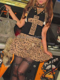 Fashionkova Gothic Aesthetic Vintage Skinny 2-piece Set Women Y2k Sexy High Street Leopard Print Hooded Tops Retro High-waist Cake Skirt New Outfit Ideas