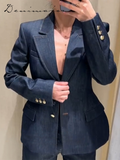 Fashionkova Elegant Solid Denim Women Trouser Suits Lapel Pocket Jacket Strapless Tanks Straight Pants 2025 Spring New Fashion Female Sets