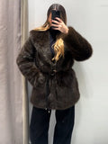 Fashionkova Party Outfit Luxurious Women's Faux Fur Coats With Belt Mid-length Lapel Full Sleeve Solid Plush Jacket 2024 Winter Lady Thick Loose Overcoat