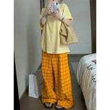 Fashionkova party outfit  Harajuku Loose Pants Streetwear Clothes Wide Leg Pants Korean Trousers Plaid Baggy Ladies Pants Yellow Jogger Trouser Hip Hop