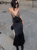 Fashionkova Satin Backless V-Neck Lace-Up Mesh Patchwork Midi Dress 2023 Summer For Women Sexy  Evening Party Elegant Clubwear