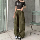 Fashionkova Party Outfit Women Casual Baggy Cargo Pants Solid Low Waist Joggers Tech Pants Drawstring Wide Leg Baggy Trousers Y2K Streetwear Sweatpants