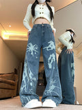 Fashionkova Party Outfit Women's Graffiti Ink Splashing Design Blue Jeans High Waist Streetwear Cool Girl Vintage Trouser Female Casual Denim Pants