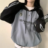 Fashionkova Vintage Logo Print Raglan Striped Sleeve Hoodie