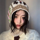 Fashionkova Knitted Hooded Caps Winter Balaclava Hats Women Korean Style Outdoor Warmer Drawstring Hats One-piece Neck Collar Beanies Cap fairycore