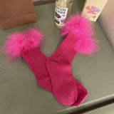 Fashionkova  Nye Outfit Y2k Women Feather Fur Middle Tube Socks Rose Pink Jk Lolita Socks Cotton Funny Cotton Socks Pile Cosplay Party Accessories