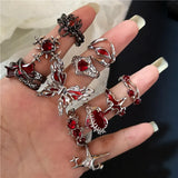 Fashionkova Goth Punk Retro Red Crystal Love Heart Cross Geometry Irregular Open Ring Set Y2K Halloween Accessories For Women Kpop Jewelry