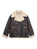 Fashionkova party look inspos Women Faux Lamb Fur Leather Short Jacket Lapel Zipper Bomber Outwear Faux Suede Lapel Coat Warm Biker Motor Aviator Coat