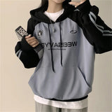 Fashionkova Vintage Logo Print Raglan Striped Sleeve Hoodie