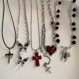 Fashionkova Forever Love Heart Cross Metal Spider Butterfly Pendant Glass Beads Charm Beaded Chain Women Men Necklace Halloween Goth Jewelry