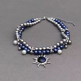 Fashionkova 2025 New Necklace Blue Beaded Pearl Cross Double-Deck Sun Pendant Unisex Punk Cool Couple Choker for Women Men Jewelry