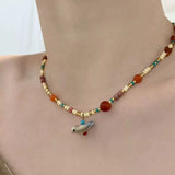 Fashionkova Fashion Cute Bird Mushroom Pendant Colorful Beads Retro Clavicle Chain Necklaces For Women Girl Aesthetic Exquisite Jewelry Gift