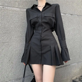 Fashionkova party look inspos Black Shirt Dress Women Elegant Vintage Long Sleeve Pleated Dress Sexy Gothic Y2k Turn Down Collar Casual Mini Vestidos