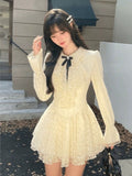 Fashionkova  party look inspos French Vintage Princess Lace Mini Dresses for Women Bow Flare Sleeves Ruffles A-line Birthday Party Kawaii Mini Vestidos New