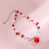 Fashionkova Korean Cute Red Strawberry Pendant Collar Necklace Gothic Y2K Heart Shaped Imitation Pearl Chain Choker Trend Jewelry