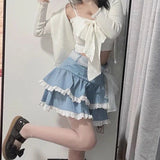 FashionKova-Kawaii Lace Skirt Cute Hot Girl Clothing Summer Cake skirt Casual Loose Korea Blue 2000s Sweet Women Skirts Low-waist Y2k Skirts