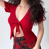 Fashionkova Y2K Long Sleeve Knitted Women Cardigan Sweaters Casual Short Sleeve Solid V Neck Crop Tops Sexy Girl Drawstring Slim Streetwear Spring Style 2025