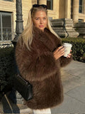 Fashionkova Party Outfit Retro Luxury Lapel Faux fur Coats Women Chic Solid Long Sleeved Coat Female Autumn Winter Warm Soft High Street Outwear Tops