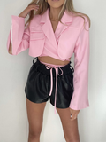 Fashionkova Valentine's Day Aesthetic Articat Gray Double Layer Bandage Slim Blazer Women Long Sleeve Pocket Short Jacket Female Notched Collar Outwear Tops 2021 New