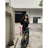 Fashionkova party outfit  Women's Blue Gothic Y2k Cargo Jeans Harajuku 2000s Trashy Ripped Denim Trousers Streetwear Baggy Jean Pants Vintage Emo Clothes