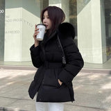 Fashionkova party look inspos Hooded Detachable Fur Collar Abrigos Invierno Lace Up Tunic 2025 Woman Outerwears Long Sleeve Parkas Korean Style Jacket Coats